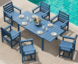 SERWALL 60" - 83" Expandable Outdoor Dining Table and 6 HDPE Chairs, Blue