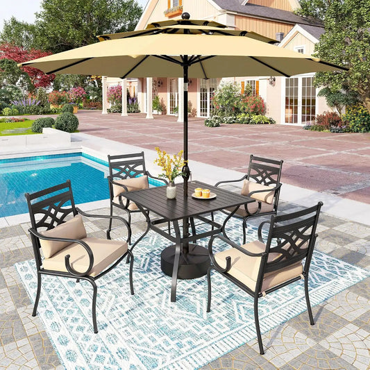 PHI VILLA 4 Piece, Outdoor Dining Set, Round Metal Table, Cushioned, Beige