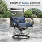 PHI VILLA Outdoor Dining Set with Umbrella for 4, 42" Metal Round Table & Wrought Iron Swivel Chairs, Patio Furniture with Blue Cushions & Pillows for Deck, Porch