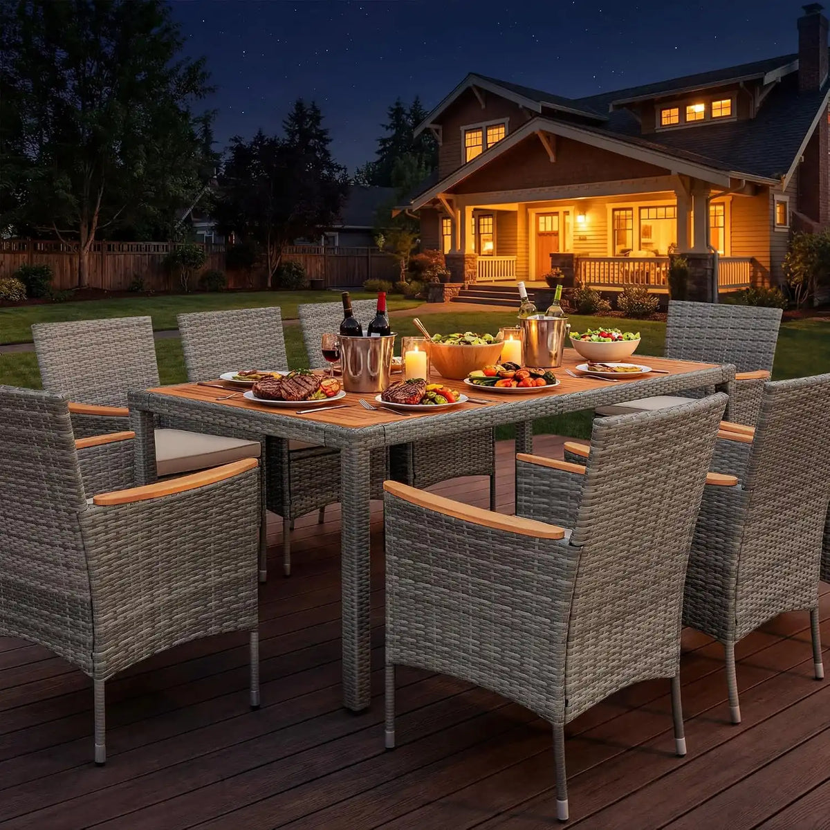 Devoko 9 PCS Acacia Wood Patio Dining Set, Gray Rattan