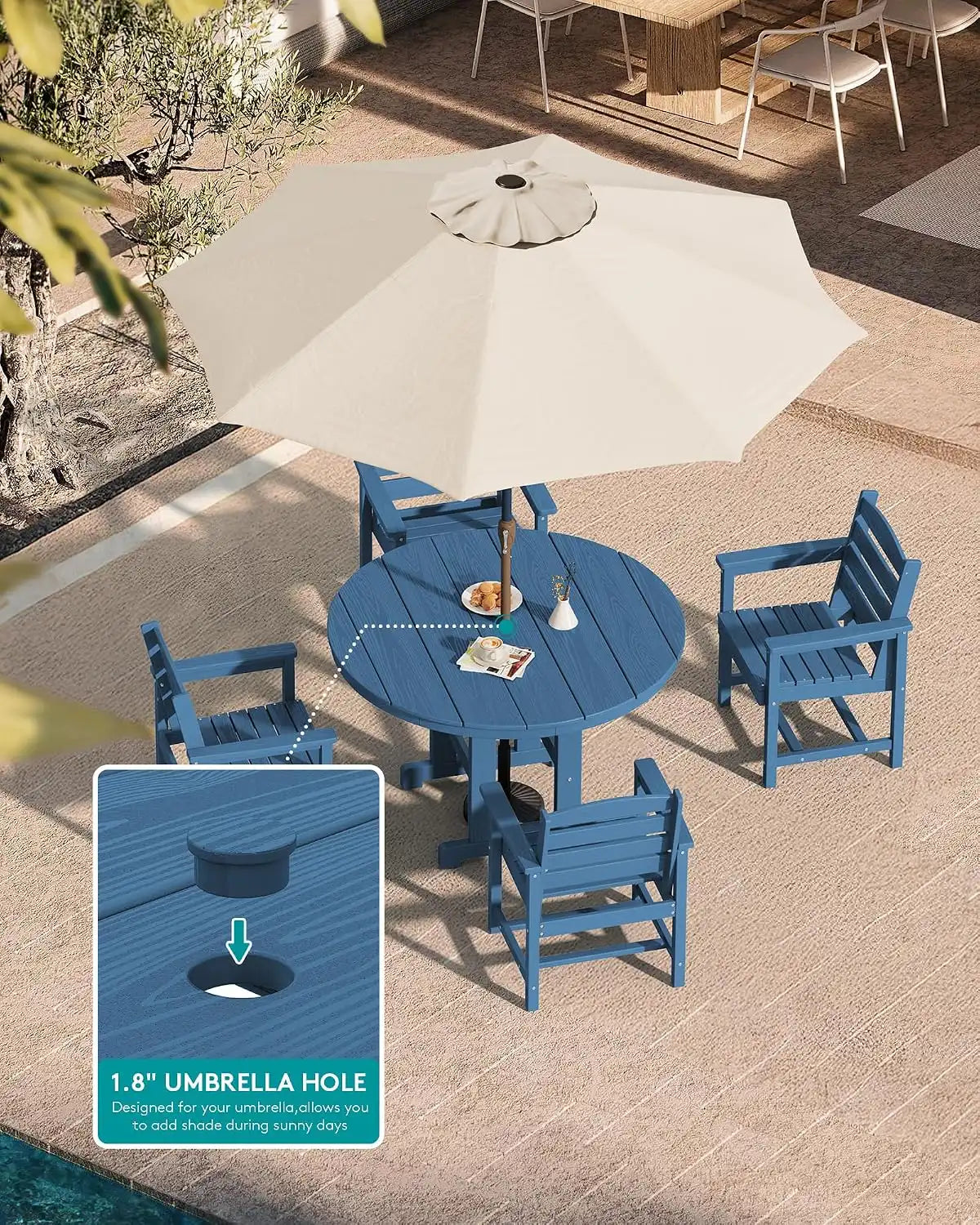 SERWALL 6-Pc Dining Set, 45" Table, 4 Chairs&9FT Umbrella, Navy (No Base)