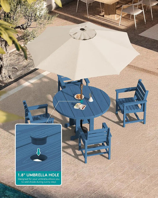 SERWALL 6-Pc Dining Set, 45" Table, 4 Chairs&9FT Umbrella, Navy (No Base)