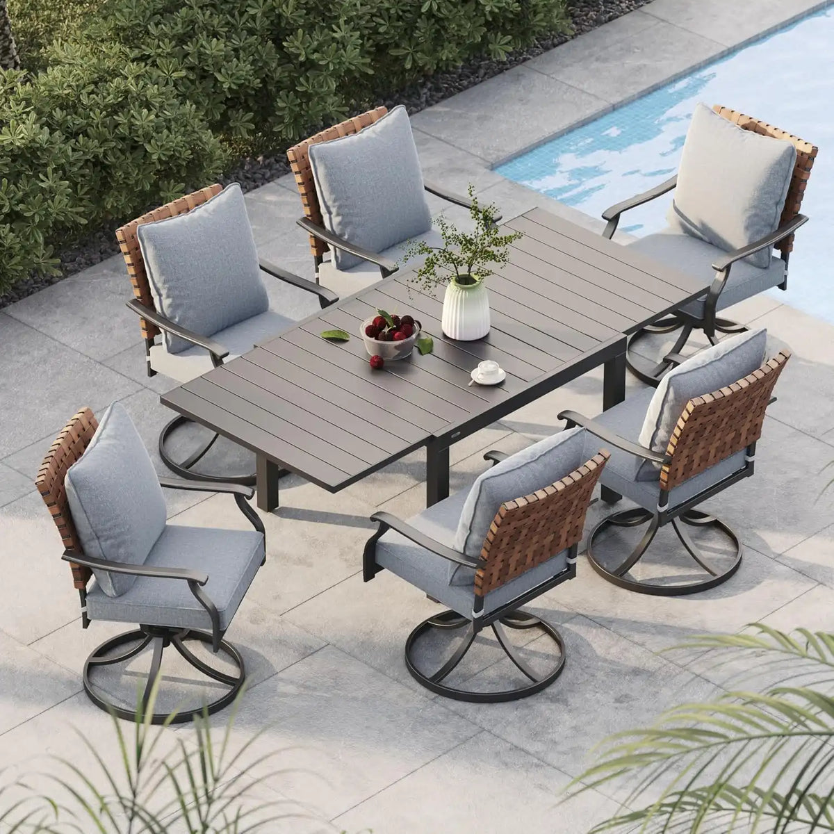 Grand patio 7-Pc Outdoor Swivel Dining Set, 6 Gray Chairs + Table, Black