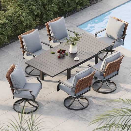 Grand patio 7-Pc Outdoor Swivel Dining Set, 6 Gray Chairs + Table, Black
