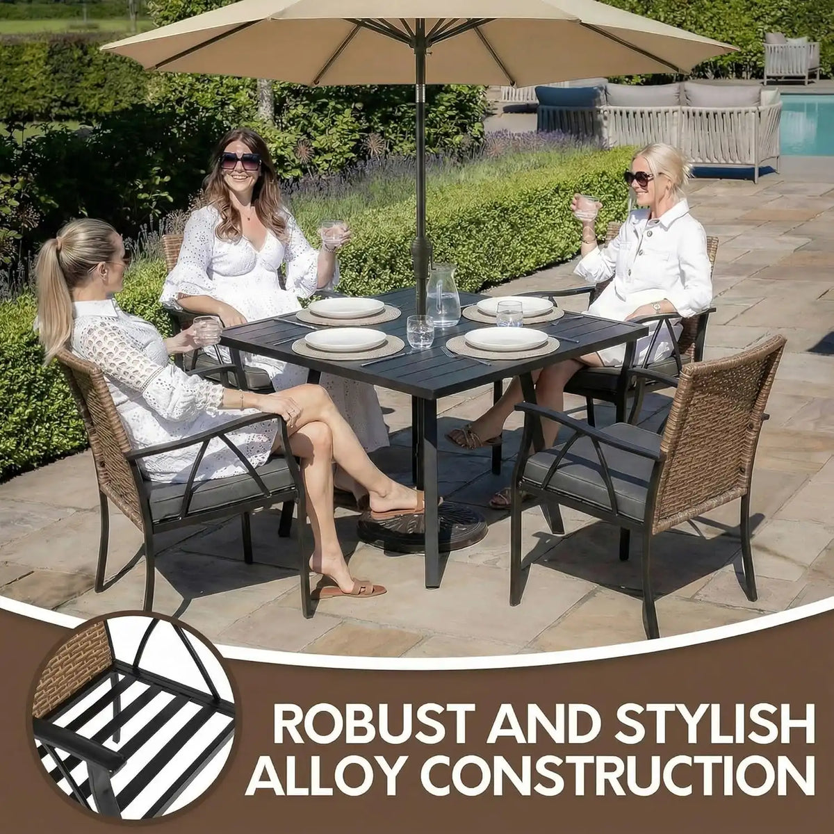 5-Piece Patio Dining Set for 4, Outdoor Dining Set with 4 Wicker Patio Dining Chairs with Cushions & 1 Black Square Woodgrain Dining Table with 1.75" Market Umbrella Hole, Black & Brown