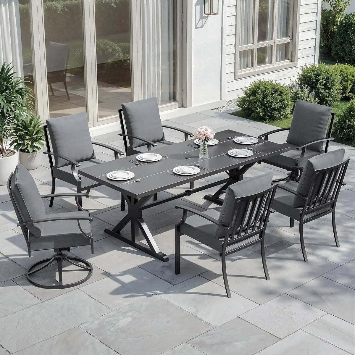ALAULM 7-Piece Patio Dining Set,Outdoor Metal Dining Set with 2 Swivel Chairs & Rectangle Table with 1.5 Umbrella Hole, Patio Dining Table and Chairs for Backyard,Grey