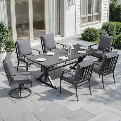 ALAULM 7-Piece Patio Dining Set,Outdoor Metal Dining Set with 2 Swivel Chairs & Rectangle Table with 1.5 Umbrella Hole, Patio Dining Table and Chairs for Backyard,Grey