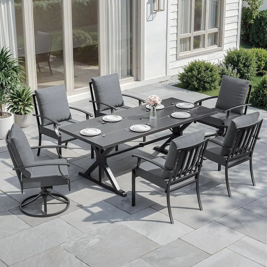 ALAULM 7-Piece Patio Dining Set,Outdoor Metal Dining Set with 2 Swivel Chairs & Rectangle Table with 1.5 Umbrella Hole, Patio Dining Table and Chairs for Backyard,Grey