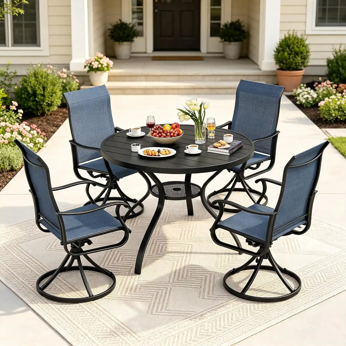 SUNCROWN 5-Piece Outdoor Patio Dining Set, All Weather Round Metal Table & 4 Dark Blue Swivel Textilene Mesh Chairs, Weather Resistant Patio Furniture for Deck Lawn Garden Backyard Poolside