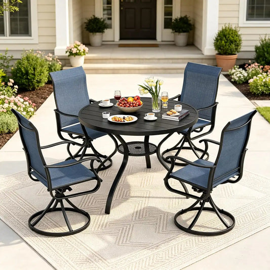SUNCROWN 5-Piece Outdoor Patio Dining Set, All Weather Round Metal Table & 4 Dark Blue Swivel Textilene Mesh Chairs, Weather Resistant Patio Furniture for Deck Lawn Garden Backyard Poolside