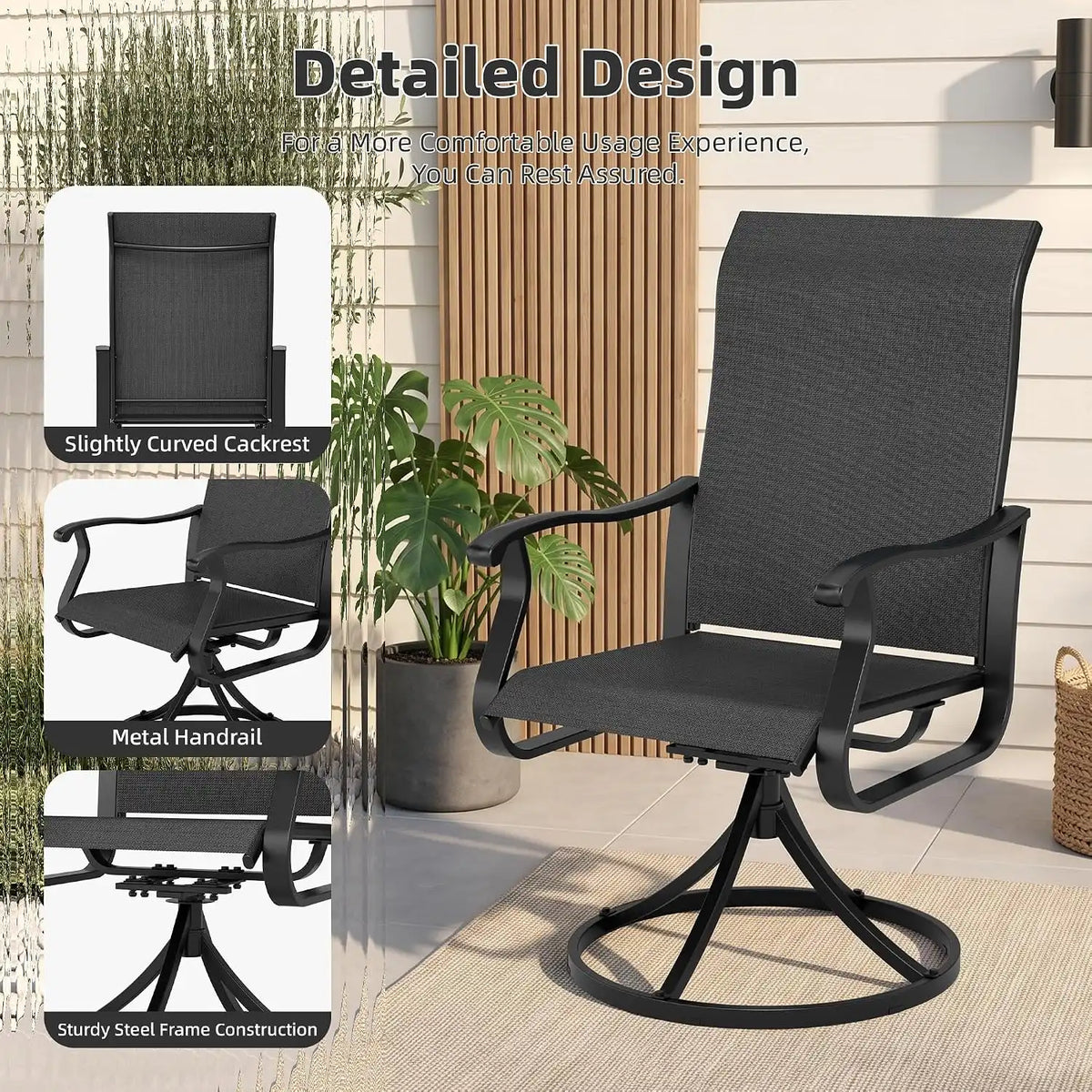 SUNCROWN 8-Piece Outdoor Dining Set, All Weather Patio Furniture Sets with 6 Black Swivel Textilene Mesh Chairs & Round Metal Table & 1 Dark Blue 9Ft Umbrella for Deck Garden Backyard Poolside