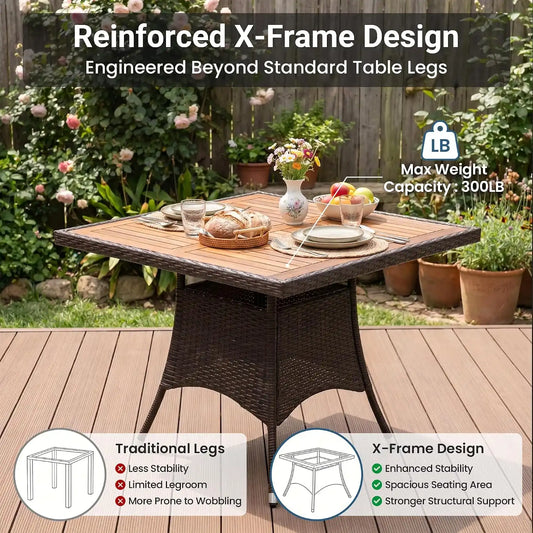 Wisteria Lane Patio Outdoor Table and Chairs Set, Rattan Outdoor Patio Furniture Set with Removable Cushions, Outdoor Patio Dining Sets with Acacia Wood Tabletop for Deck Garden Backyard, Brown