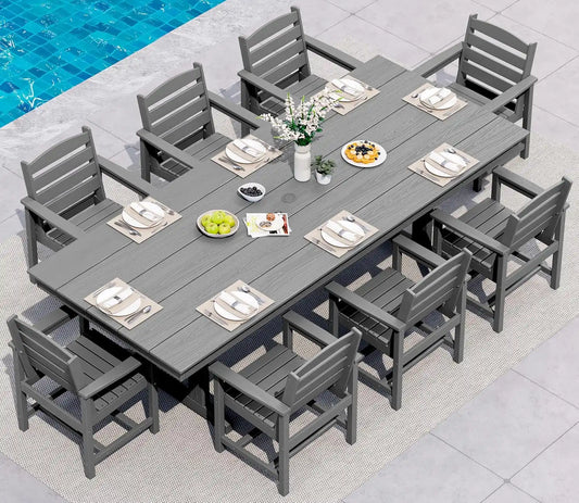 SERWALL 9Pcs 84" HDPE Outdoor Dining Set for 8 with Armchairs,Gray