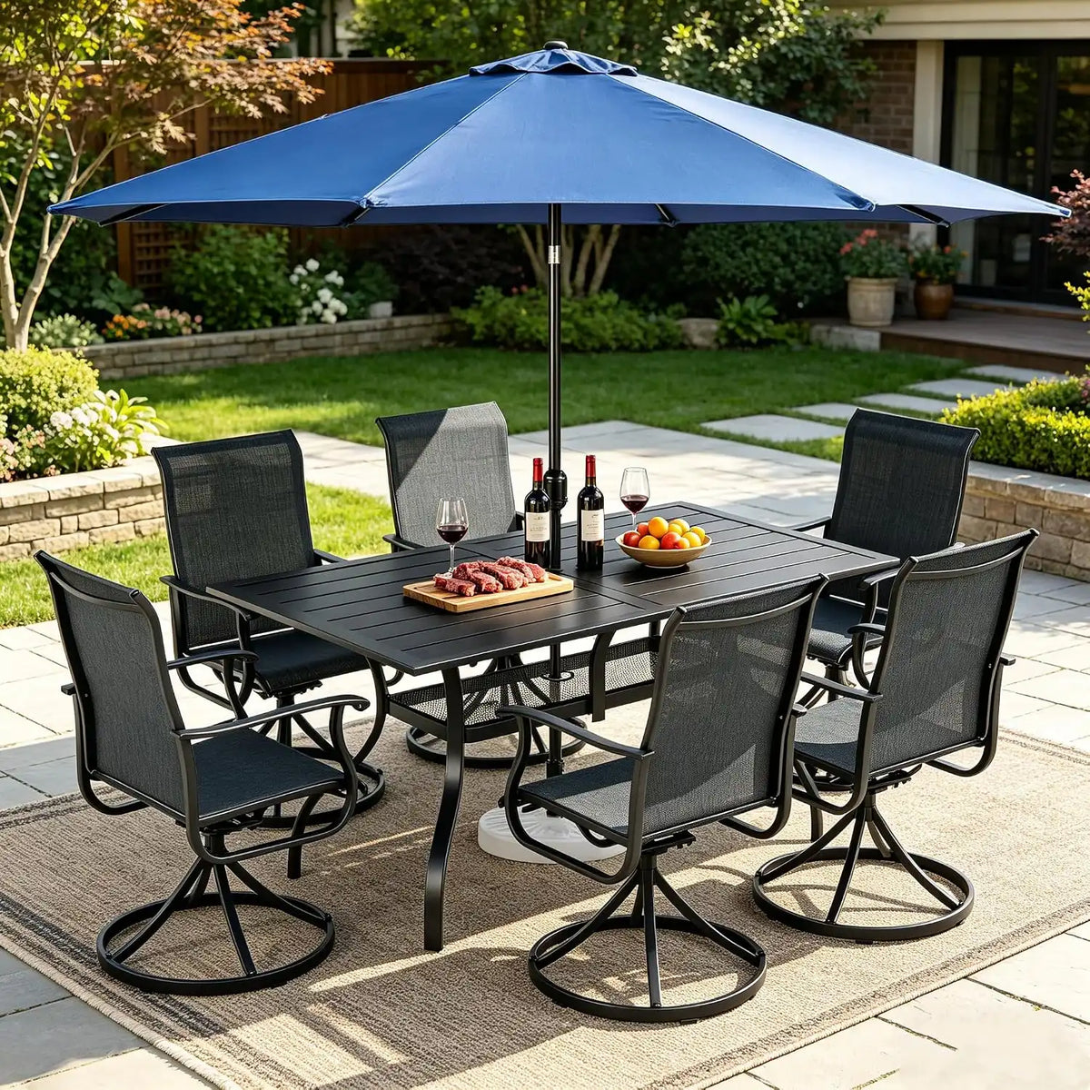 SUNCROWN 8-Piece Outdoor Dining Set, All Weather Patio Furniture Sets with 6 Black Swivel Textilene Mesh Chairs & Rectangular Metal Table & 1 Dark Blue 9Ft Umbrella for Garden Backyard Poolside