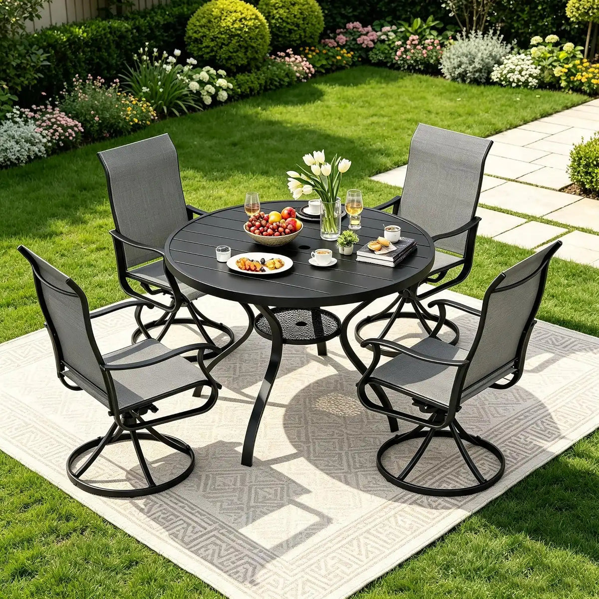 SUNCROWN 5-Piece Outdoor Patio Dining Set, All Weather Round Metal Table & 4 Dark Gray Swivel Textilene Mesh Chairs, Weather Resistant Patio Furniture for Deck Lawn Garden Backyard Poolside