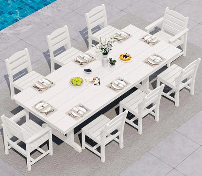 SERWALL 9Pcs HDPE Outdoor Dining Set w/6 Armless, 2 Armchairs for 8,White