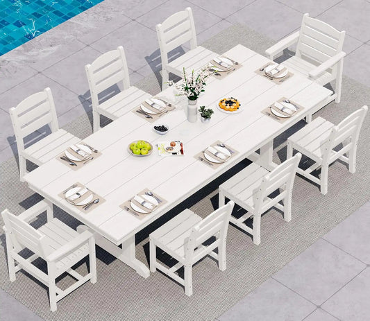 SERWALL 9Pcs HDPE Outdoor Dining Set w/6 Armless, 2 Armchairs for 8,White