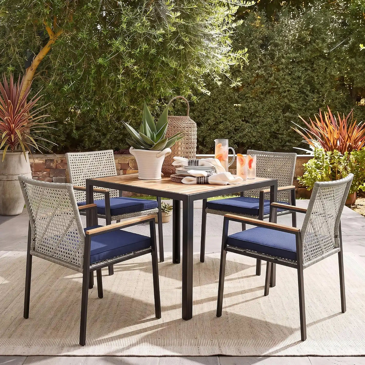 5 PCS Acacia Wood Patio Dining Set, Grey & Blue
