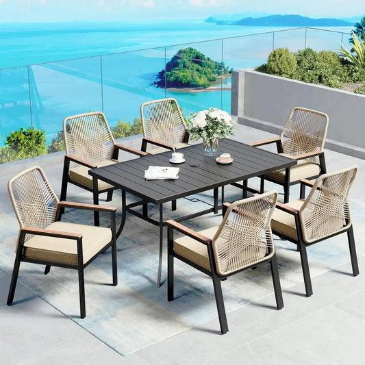SUNSHINE VALLEY 7pc Patio Dining Set, 59" Metal Table & 6 Rattan Chairs