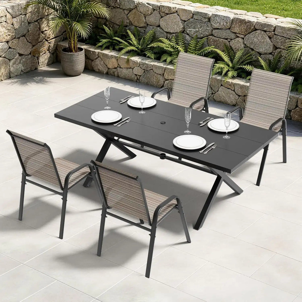 5 PCS Outdoor Patio Dining Set,Patio Table and Chairs Metal Outdoor Patio Furniture Set with Umbrella Hole,Dining Table Set with 4 Teslin Chairs for Deck,Backyard and Garden