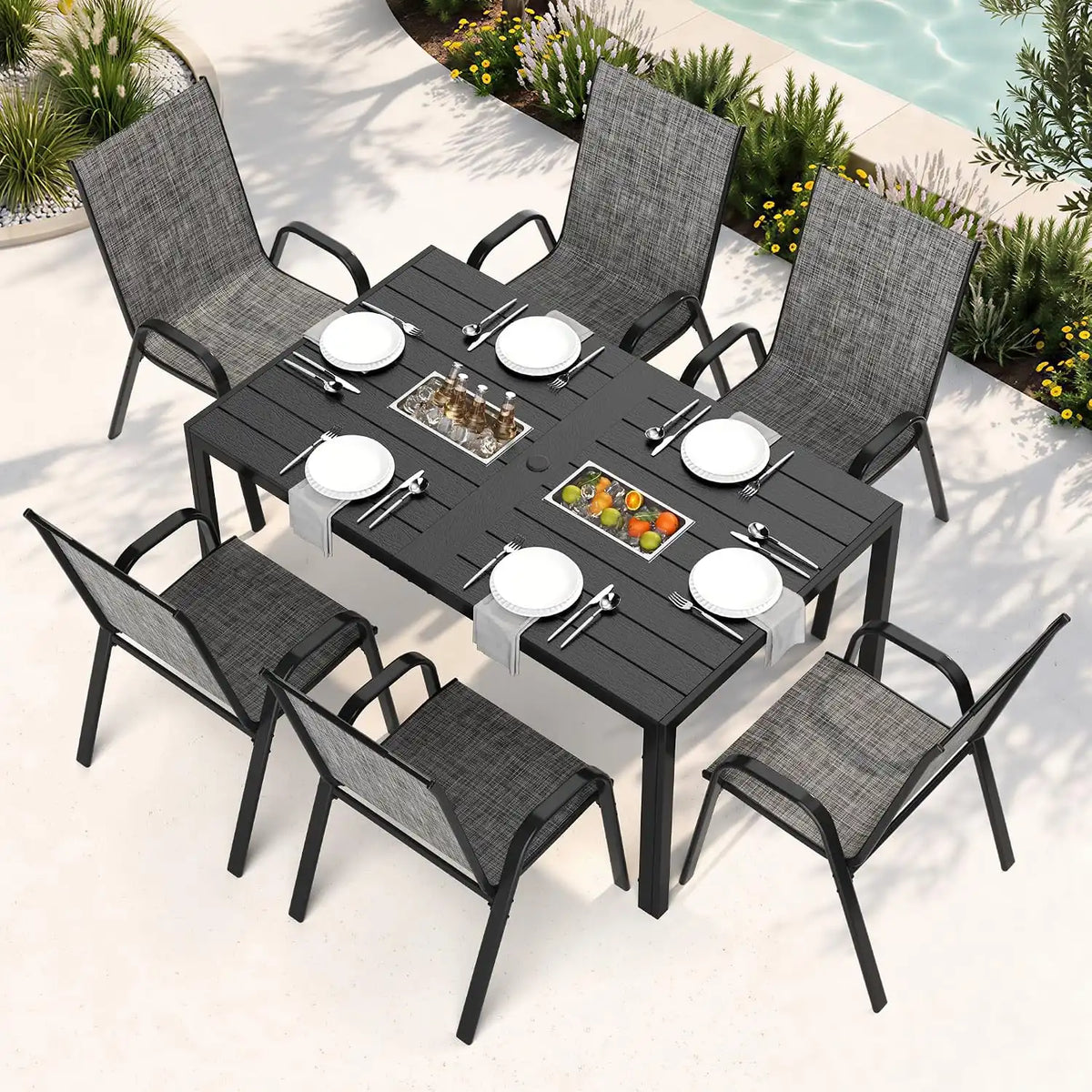 Pamapic Outdoor Dining Sets for 6 with 2 304 SS Ice Buckets, Rectangular Steel Slat Table with Textilene Chairs, 7 Piece Patio Table and Chairs Set with Umbrella Hole for Patio, Backyard (Grey)