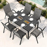 Pamapic Outdoor Dining Sets for 6 with 2 304 SS Ice Buckets, Rectangular Steel Slat Table with Textilene Chairs, 7 Piece Patio Table and Chairs Set with Umbrella Hole for Patio, Backyard (Grey)
