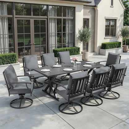 ALAULM 9-Piece Patio Dining Set, Outdoor Metal Dining Set with 8 Swivel Chairs & Rectangle Table with 1.5 Umbrella Hole, Patio Dining Table and Chairs for Backyard, Grey