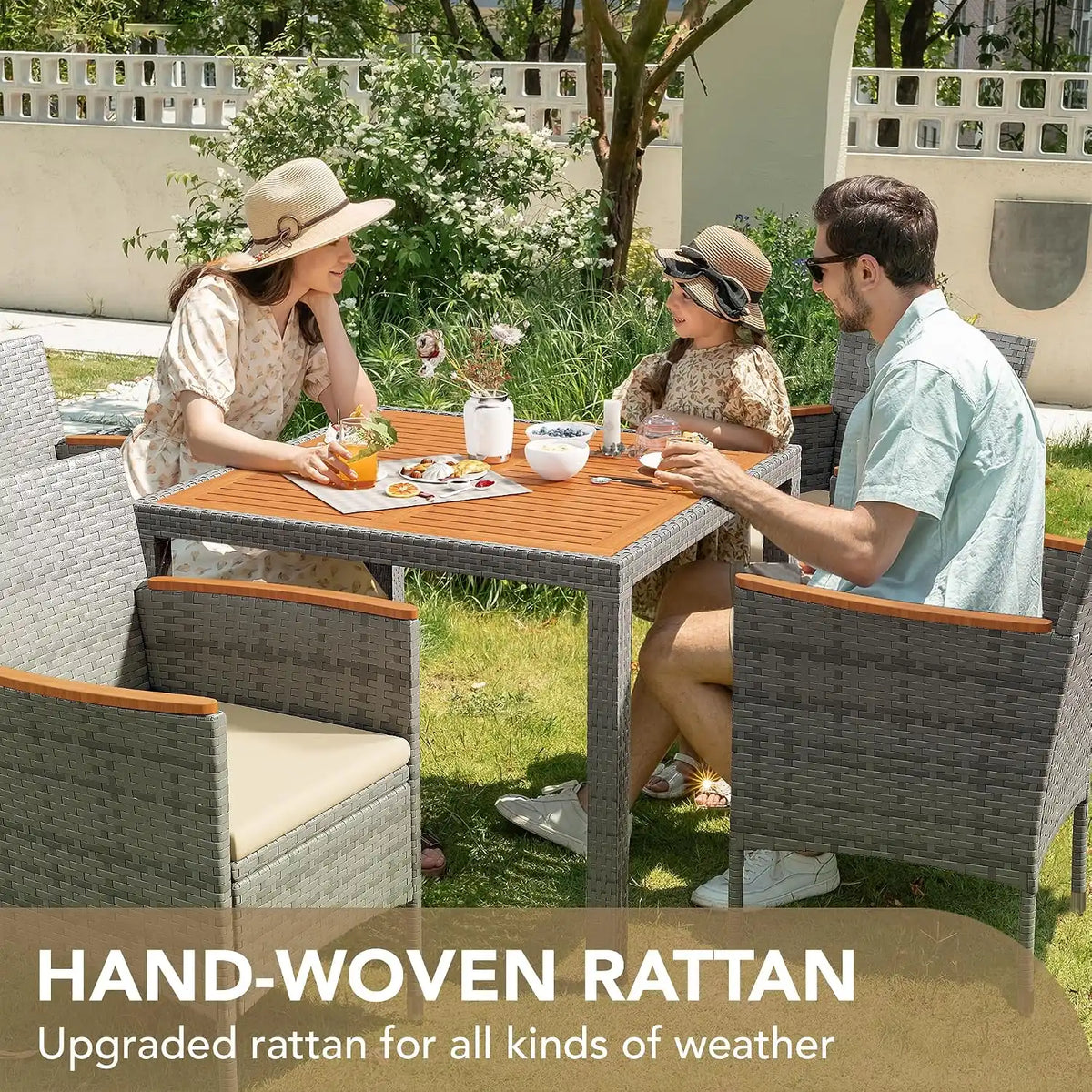 Devoko 5 PCS Acacia Wood Patio Dining Set, Gray Rattan