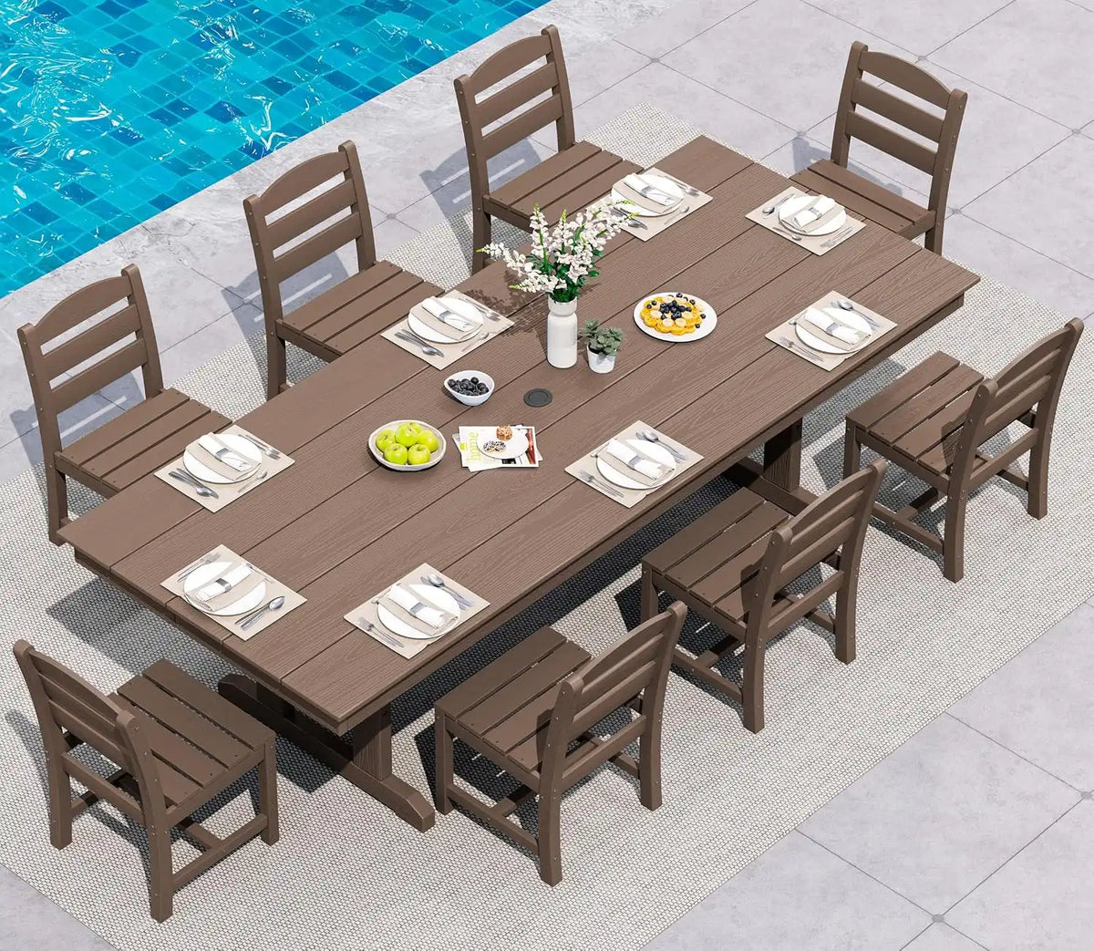 SERWALL 9Pcs 84" HDPE Outdoor Dining Set for 8 with Armless Chairs,Brown