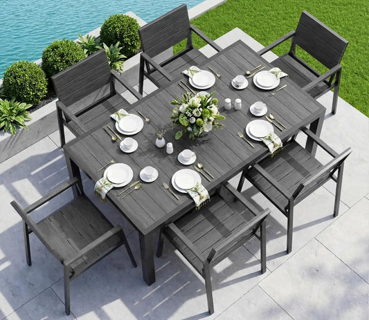 Vexwalx Outdoor Dining Set, Aluminum Dining Table Set for 6, Patio Table and Chairs Set with Umbrella Hole, All Weather HDPS Outdoor Table and Chairs for 6 (7-Piece, Charcoal)