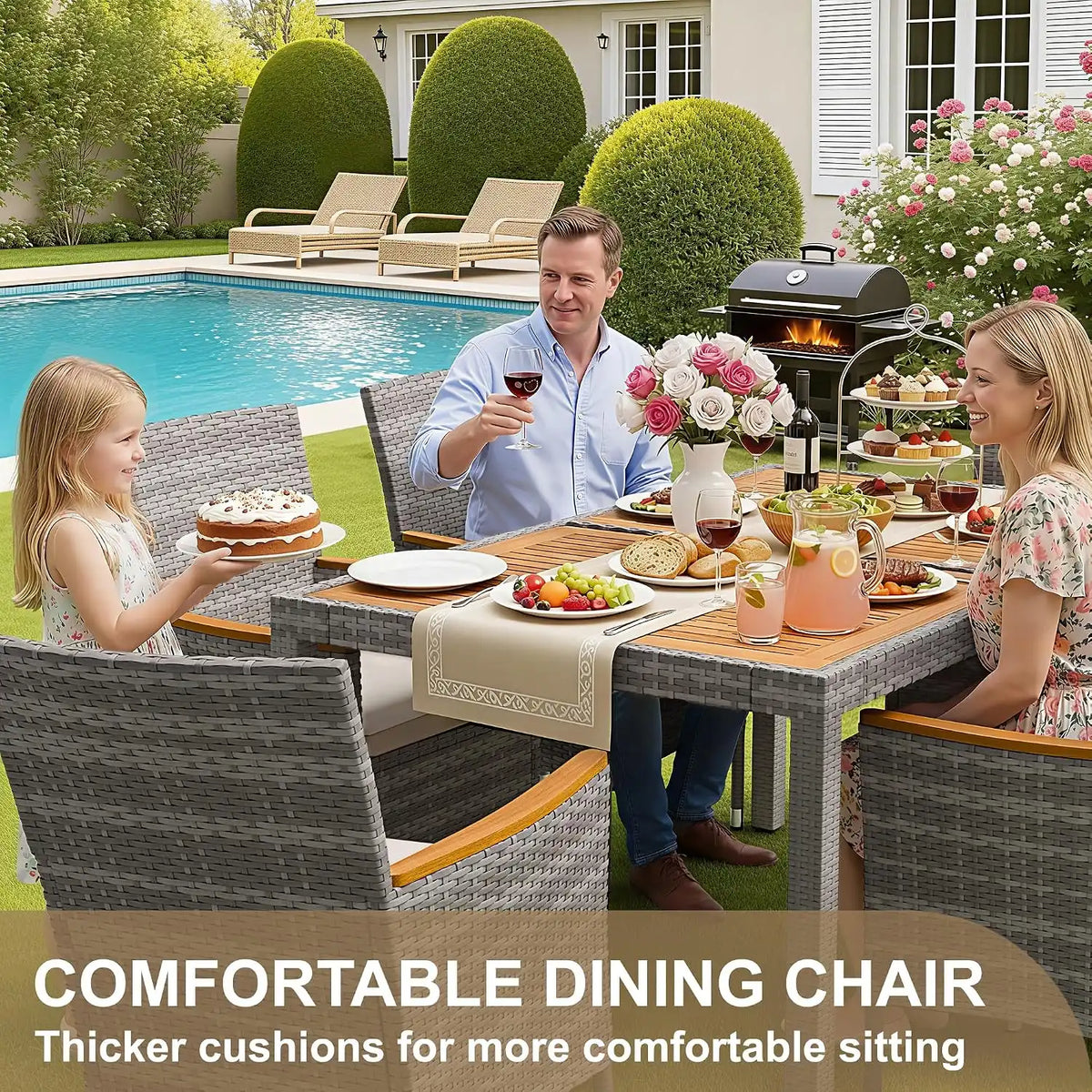 Devoko 7 PCS Acacia Wood Patio Dining Set, Gray Rattan