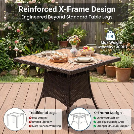 Wisteria Lane Rattan Patio Table and Chairs Set with Acacia Tabletop, Brown