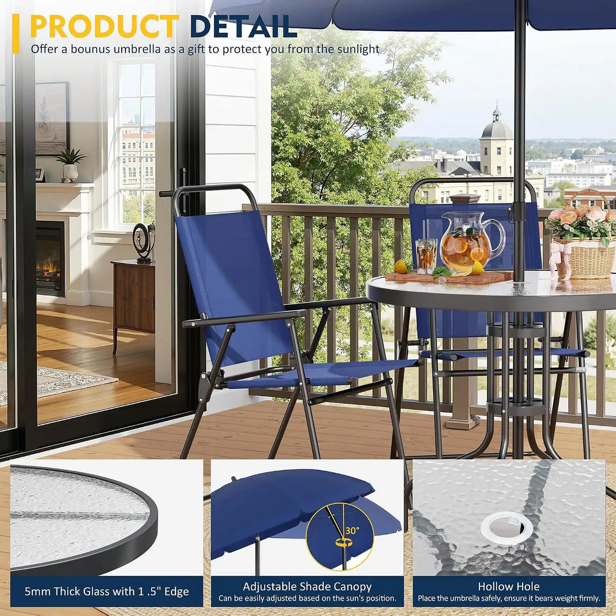 Shintenchi 6 Piece Patio Dining Set with Umbrella, Outdoor Furniture Set with 4 Folding Chairs and Tempered Glass Top Dining Table fot Lawn Backyard Garden Porch, Dark Blue