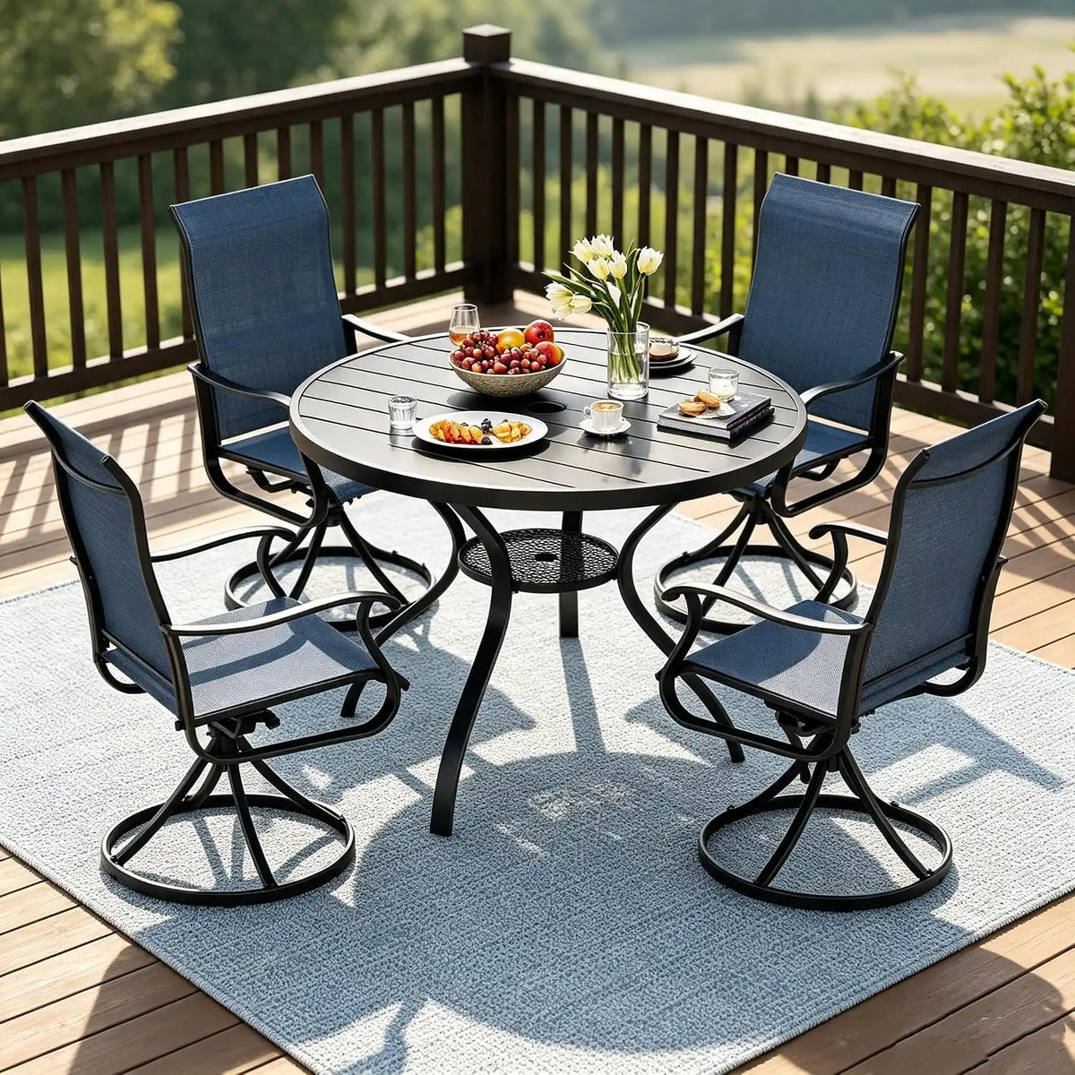 SUNCROWN 5-Piece Outdoor Patio Dining Set, All Weather Round Metal Table & 4 Dark Blue Swivel Textilene Mesh Chairs, Weather Resistant Patio Furniture for Deck Lawn Garden Backyard Poolside