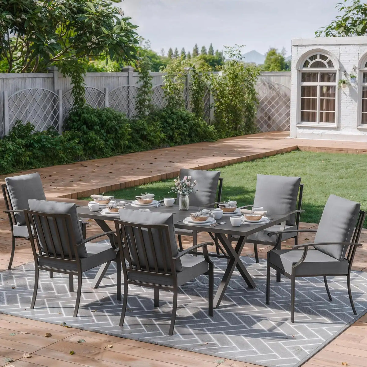 ALAULM 7-Piece Patio Dining Table and Chairs Outdoor Dining Set for 6 Patio Dining Sets with Rectangular Metal Table with Umbrella Hole for Patio, Backyard, Garden-Grey