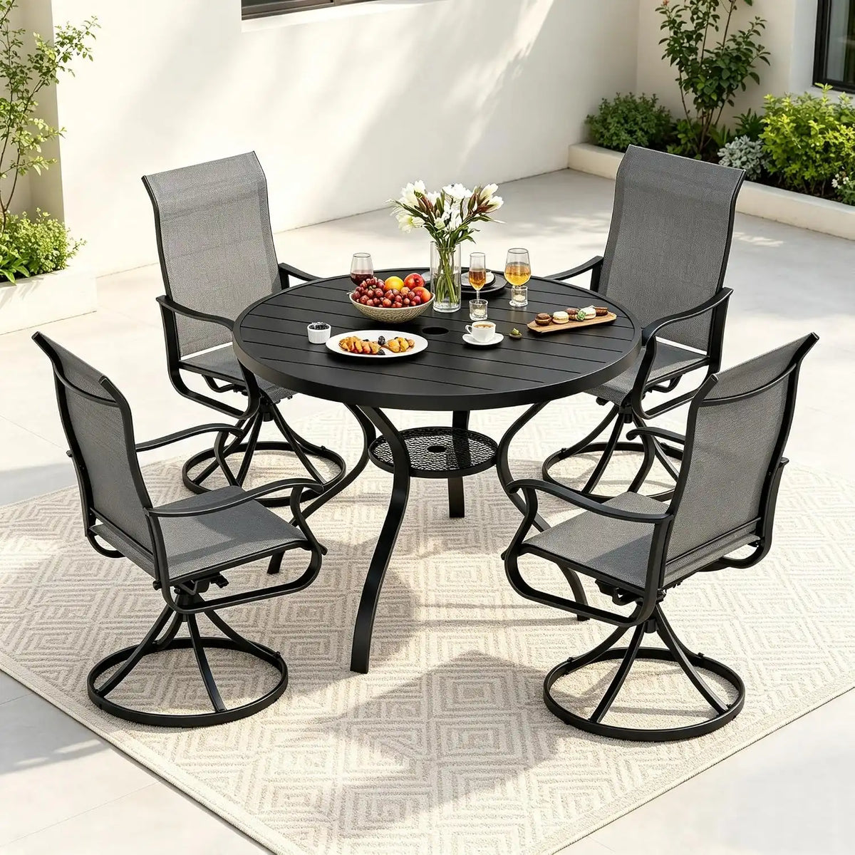 SUNCROWN 5-Piece Outdoor Patio Dining Set, All Weather Round Metal Table & 4 Dark Gray Swivel Textilene Mesh Chairs, Weather Resistant Patio Furniture for Deck Lawn Garden Backyard Poolside