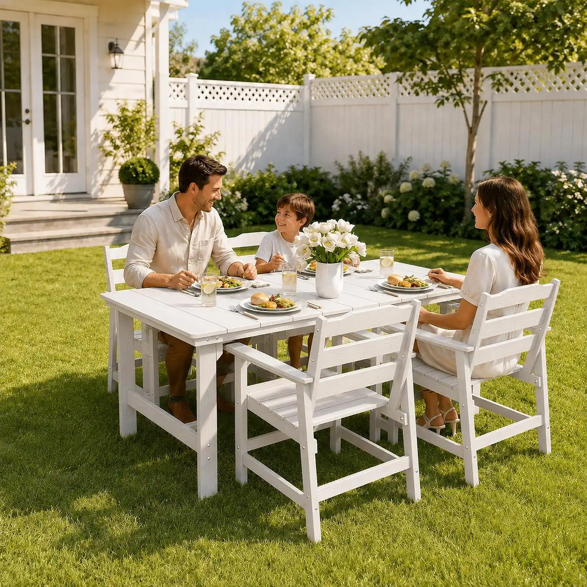 THOEOE 5 Pieces Outdoor Table and Chairs, 50" HDPE Dining Set for 4, White