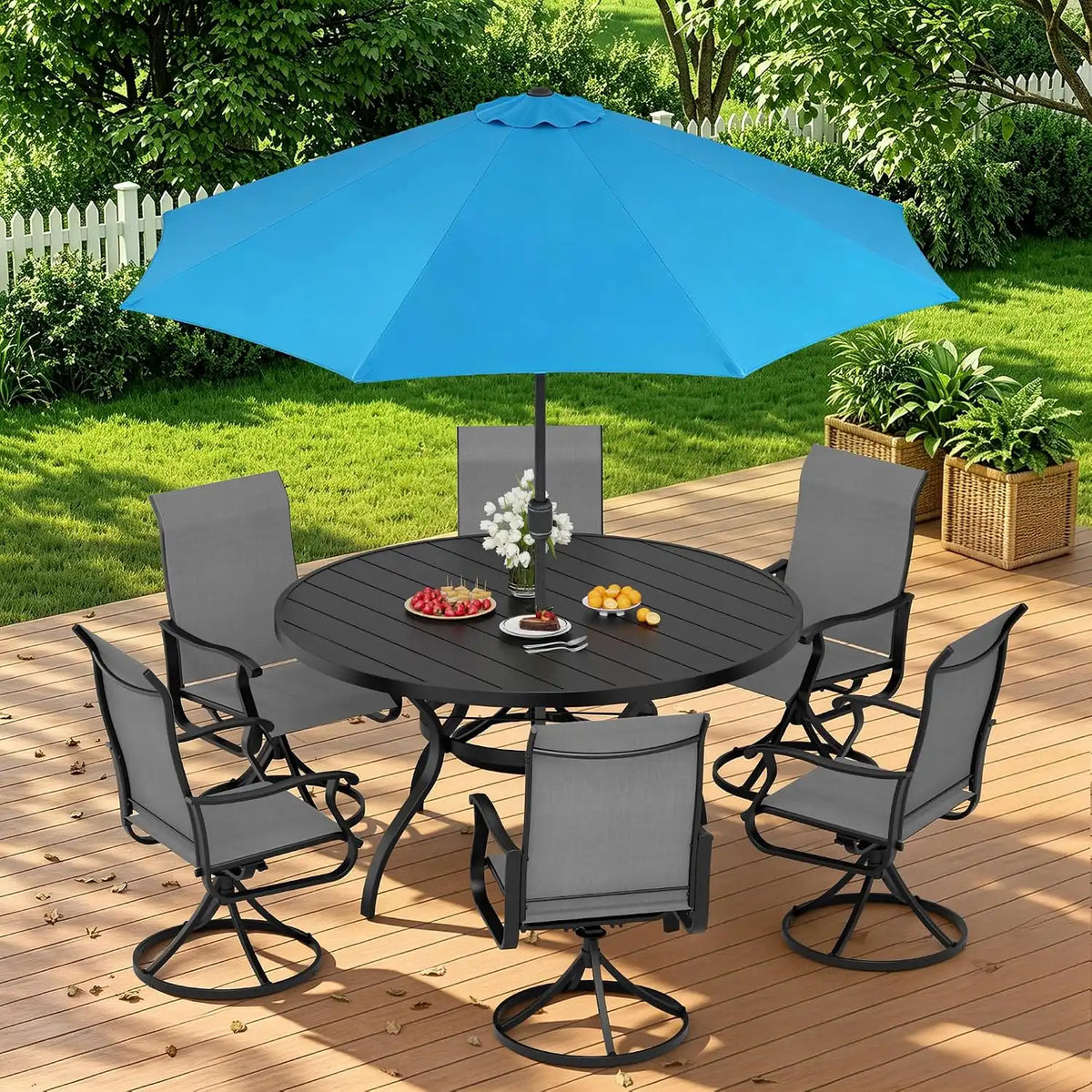 SUNCROWN 8-Piece Outdoor Dining Set, All Weather Patio Furniture Sets with 6 Dark Gray Swivel Textilene Mesh Chairs & Round Metal Table & 1 Light Blue 9Ft Umbrella for Deck Garden Backyard Poolside