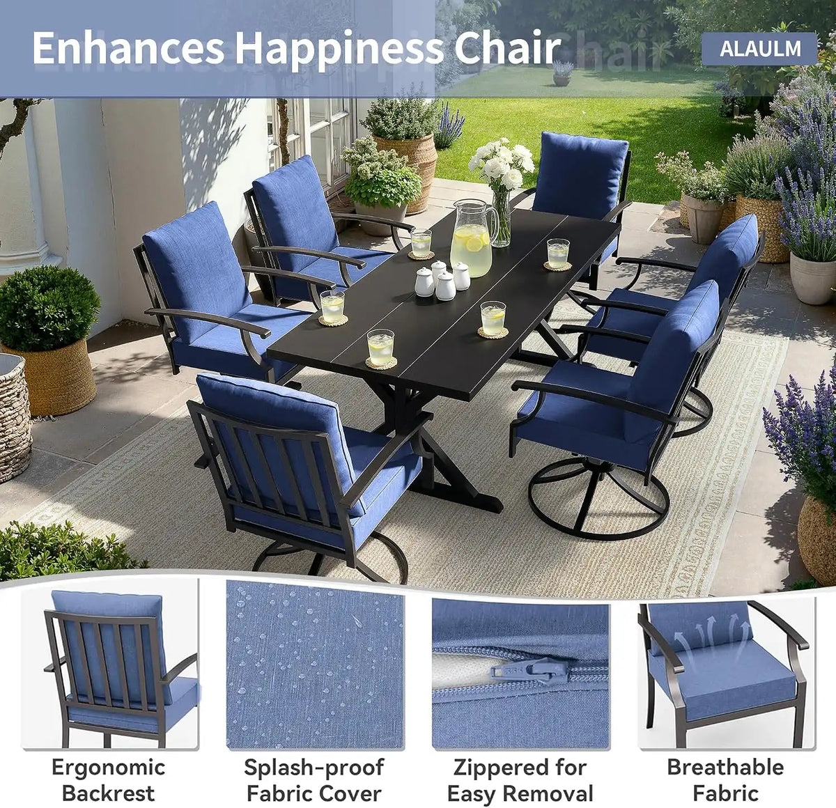 ALAULM 7-Piece Patio Dining Set,Outdoor Metal Dining Set with 6 Swivel Chairs & Rectangle Table with 1.5 Umbrella Hole, Patio Dining Table and Chairs for Backyard,Navy