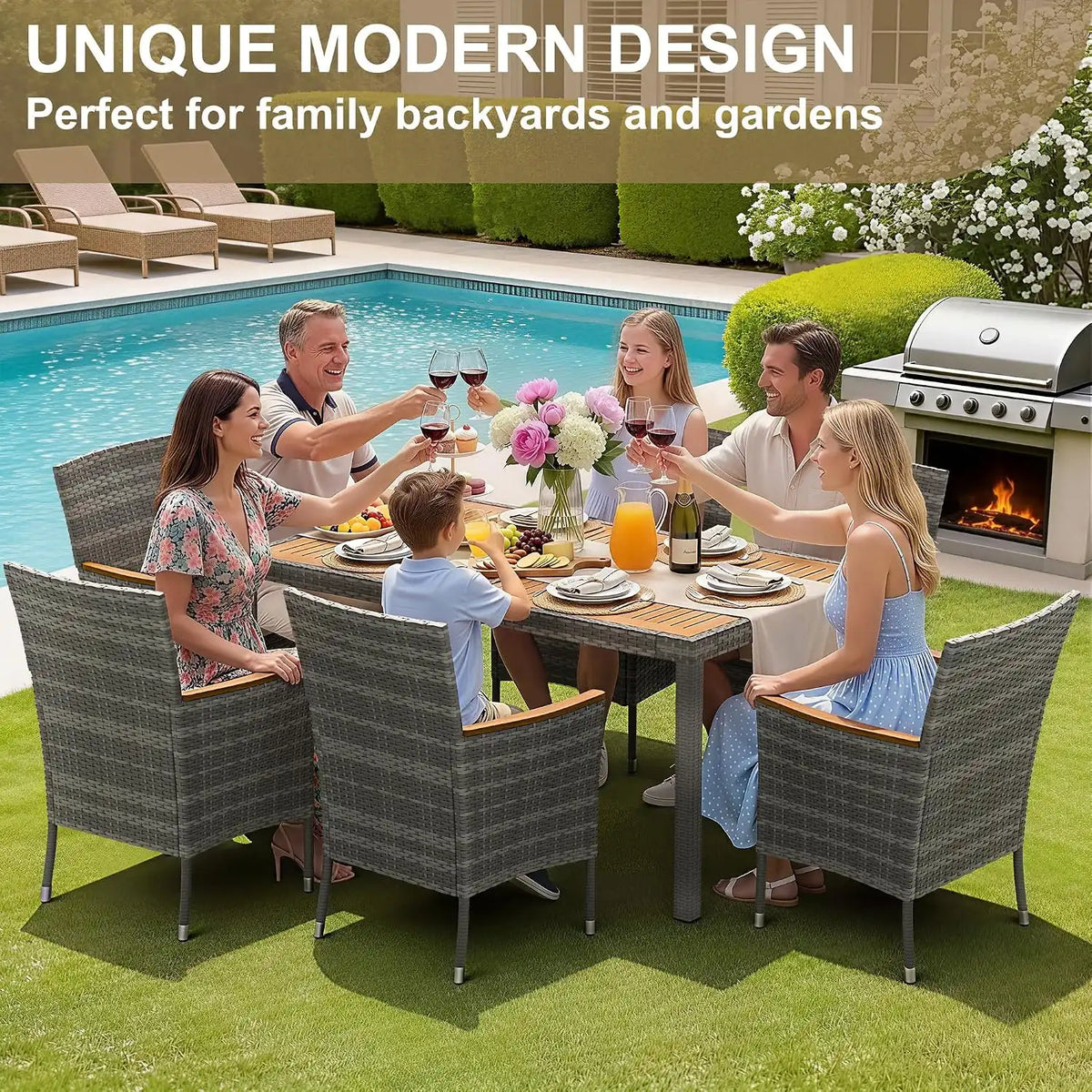 Devoko 7 PCS Acacia Wood Patio Dining Set, Gray Rattan