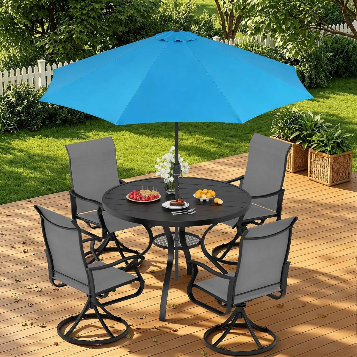 SUNCROWN 6-Piece Outdoor Dining Set, All Weather Patio Furniture Sets with 4 Dark Gray Swivel Textilene Mesh Chairs & Round Metal Table & 1 Light Blue 9Ft Umbrella for Deck Garden Backyard Poolside