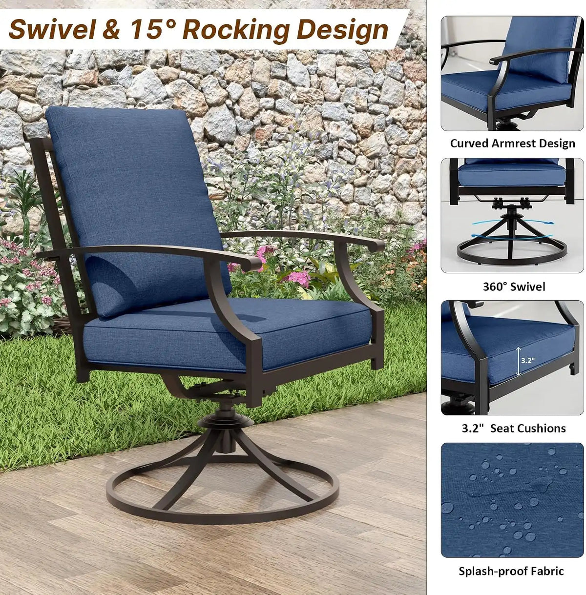 ALAULM 7-Piece Patio Dining Set,Outdoor Metal Dining Set with 2 Swivel Chairs & Rectangle Table with 1.5 Umbrella Hole, Patio Dining Table and Chairs for Backyard,Navy