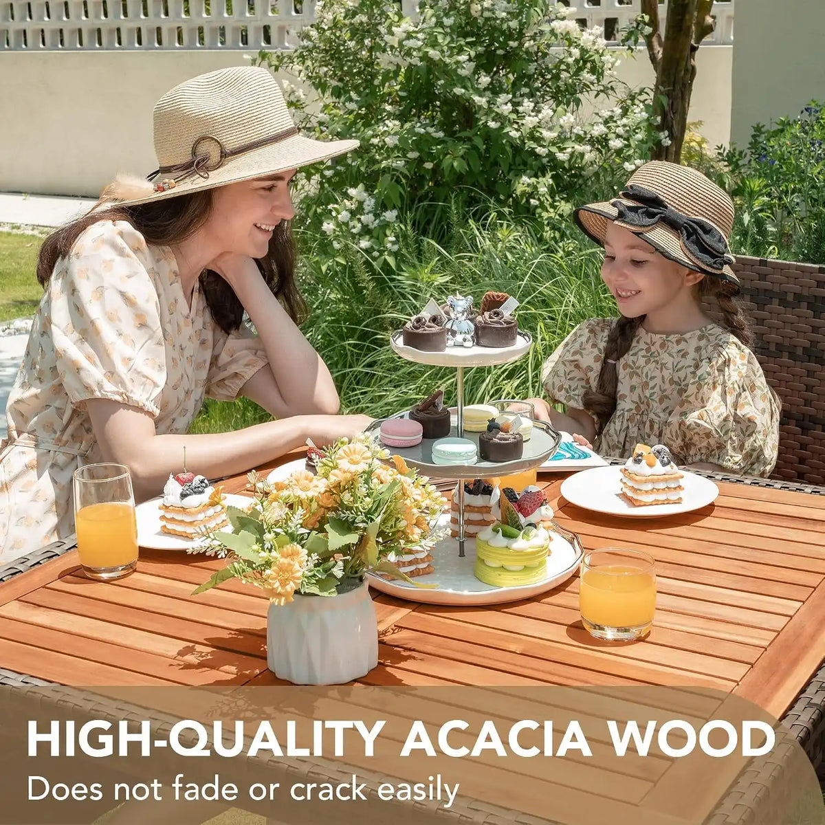 Devoko 5 PCS Acacia Wood Patio Dining Set, Brown Rattan