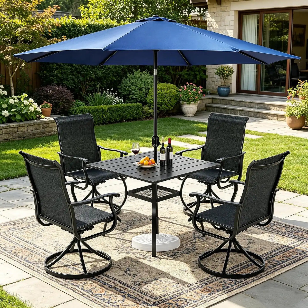 SUNCROWN 6-Piece Outdoor Dining Set, All Weather Patio Furniture Sets with 4 Black Swivel Textilene Mesh Chairs & Square Metal Table & 1 Dark Blue 9Ft Umbrella for Deck Garden Backyard Poolside