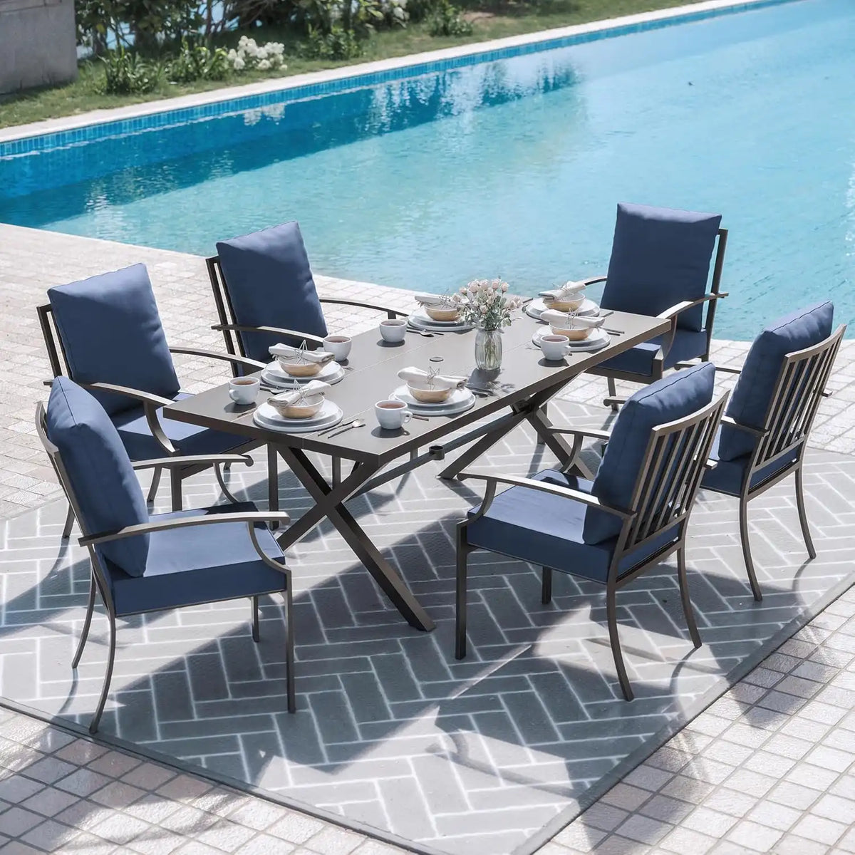 ALAULM 7-Piece Patio Dining Table and Chairs Outdoor Dining Set for 6 Patio Dining Sets with Rectangular Metal Table with Umbrella Hole for Patio, Backyard, Garden-DarkBlue