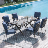 ALAULM 7-Piece Patio Dining Table and Chairs Outdoor Dining Set for 6 Patio Dining Sets with Rectangular Metal Table with Umbrella Hole for Patio, Backyard, Garden-DarkBlue