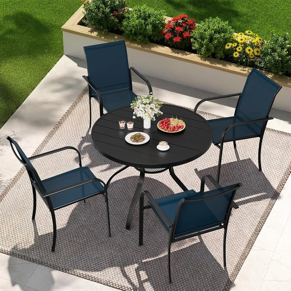 SUNCROWN 5-Piece Outdoor Dining Set, Patio Furniture Set with 4 x Textilene Dinning Chairs and 41" Metal Round Table with Umbrella Hole for Lawn Garden Backyard Deck, Blue