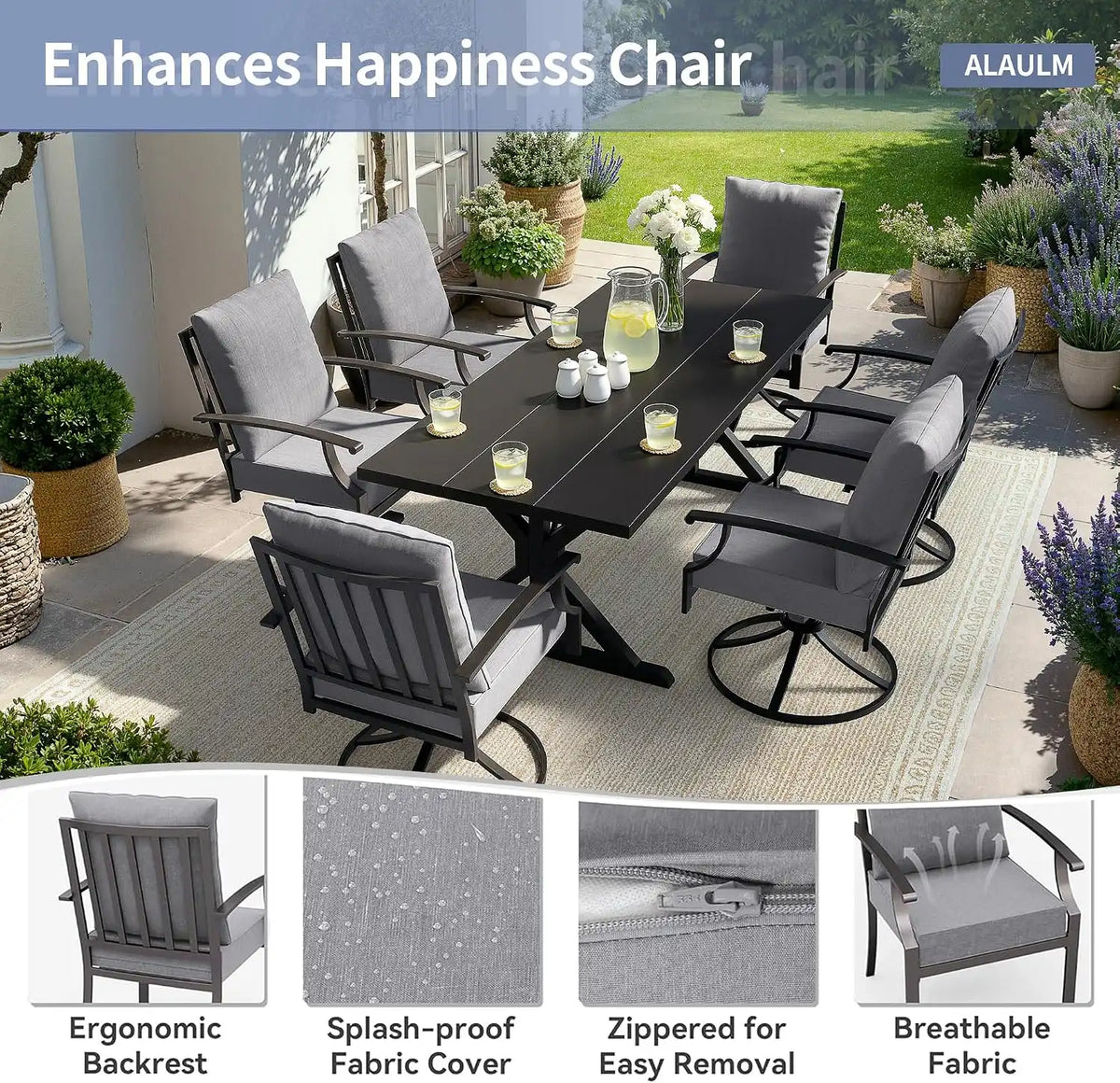 ALAULM 7-Piece Patio Dining Set,Outdoor Metal Dining Set with 6 Swivel Chairs & Rectangle Table with 1.5 Umbrella Hole, Patio Dining Table and Chairs for Backyard, Grey