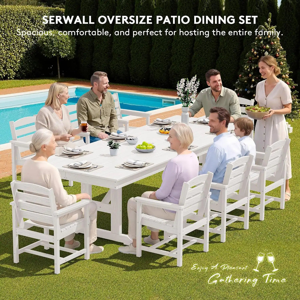 SERWALL 9Pcs 84" HDPE Outdoor Dining Set for 8 with Armchairs,White