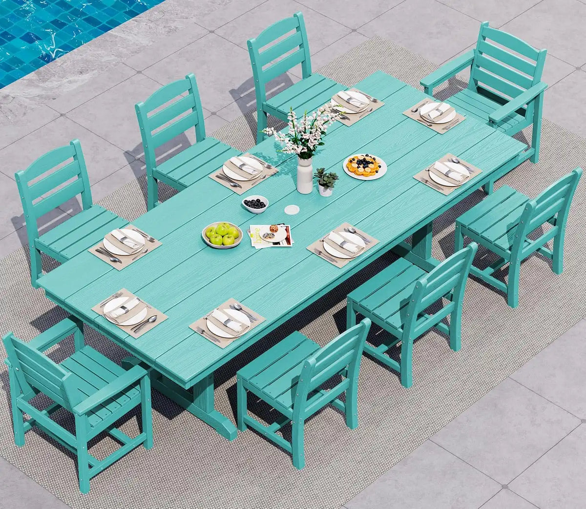 SERWALL 9Pcs HDPE Outdoor Dining Set w/6 Armless, 2 Armchairs for 8, Aruba